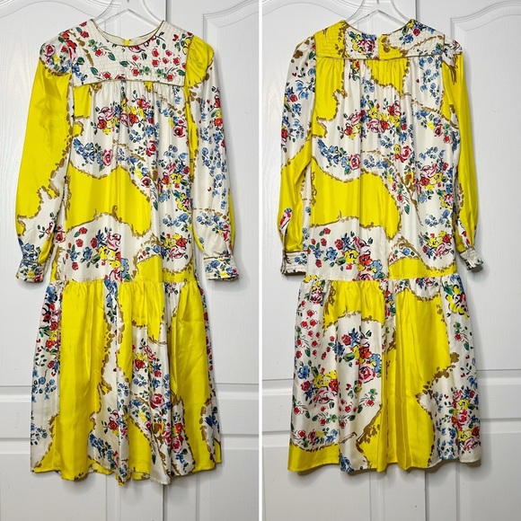 TORY BURCH Silk Quilted Yoke Yellow Floral Silk Midi Dress Size 4 - Picture 5 of 16